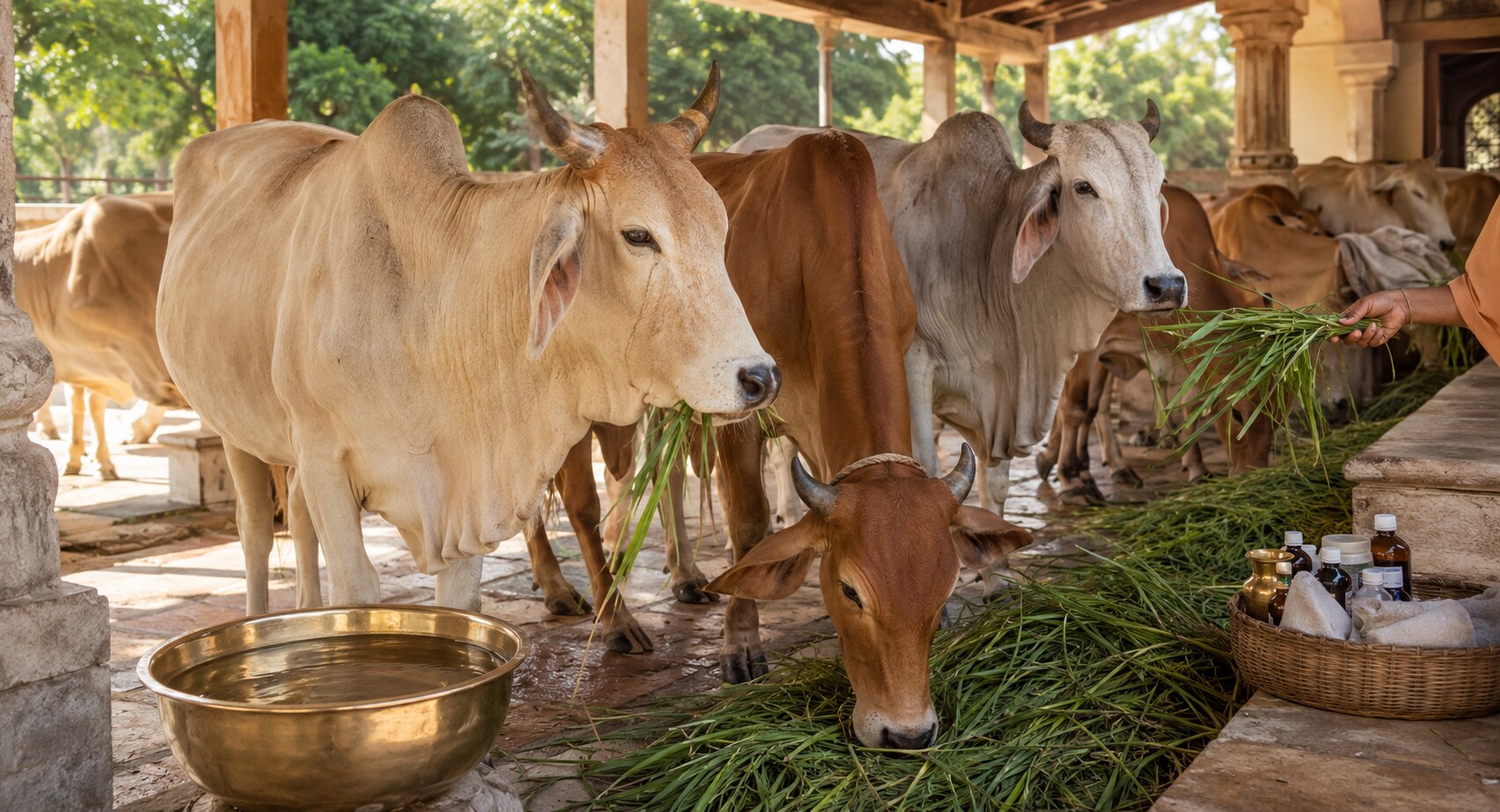 Cows receiving food and care at a shelter