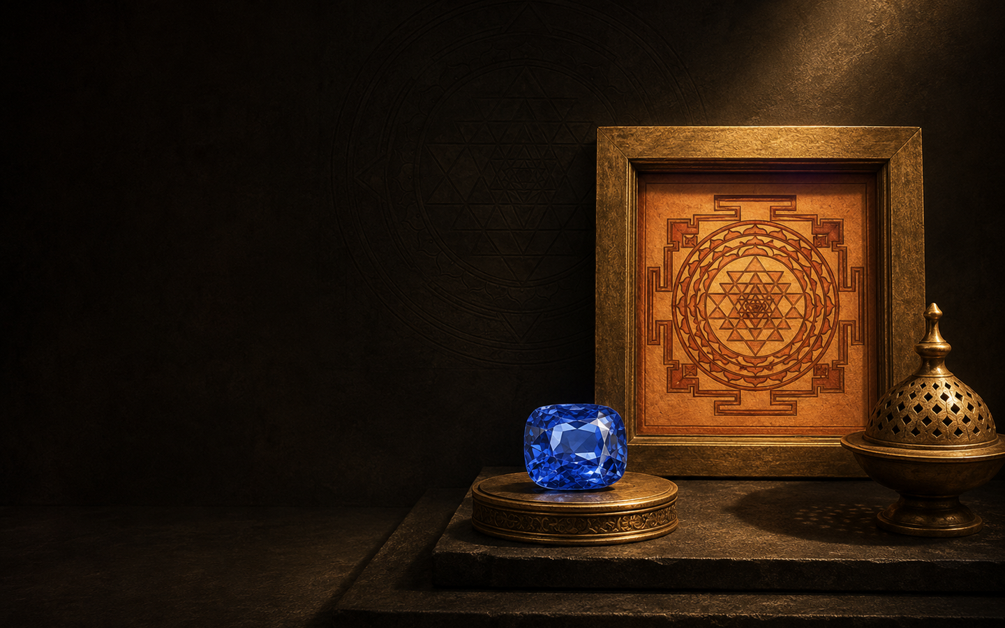 A sacred yantra and gemstone emerging from warm light in darkness