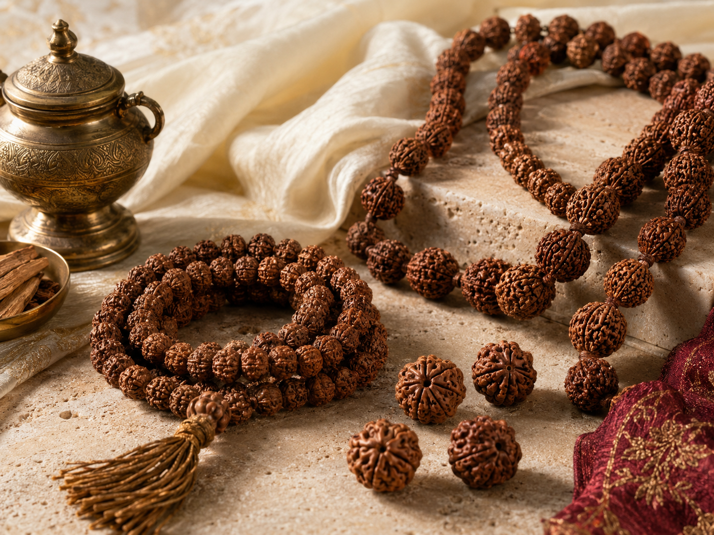 A collection of Rudraksha malas and loose sacred beads arranged on ivory stone